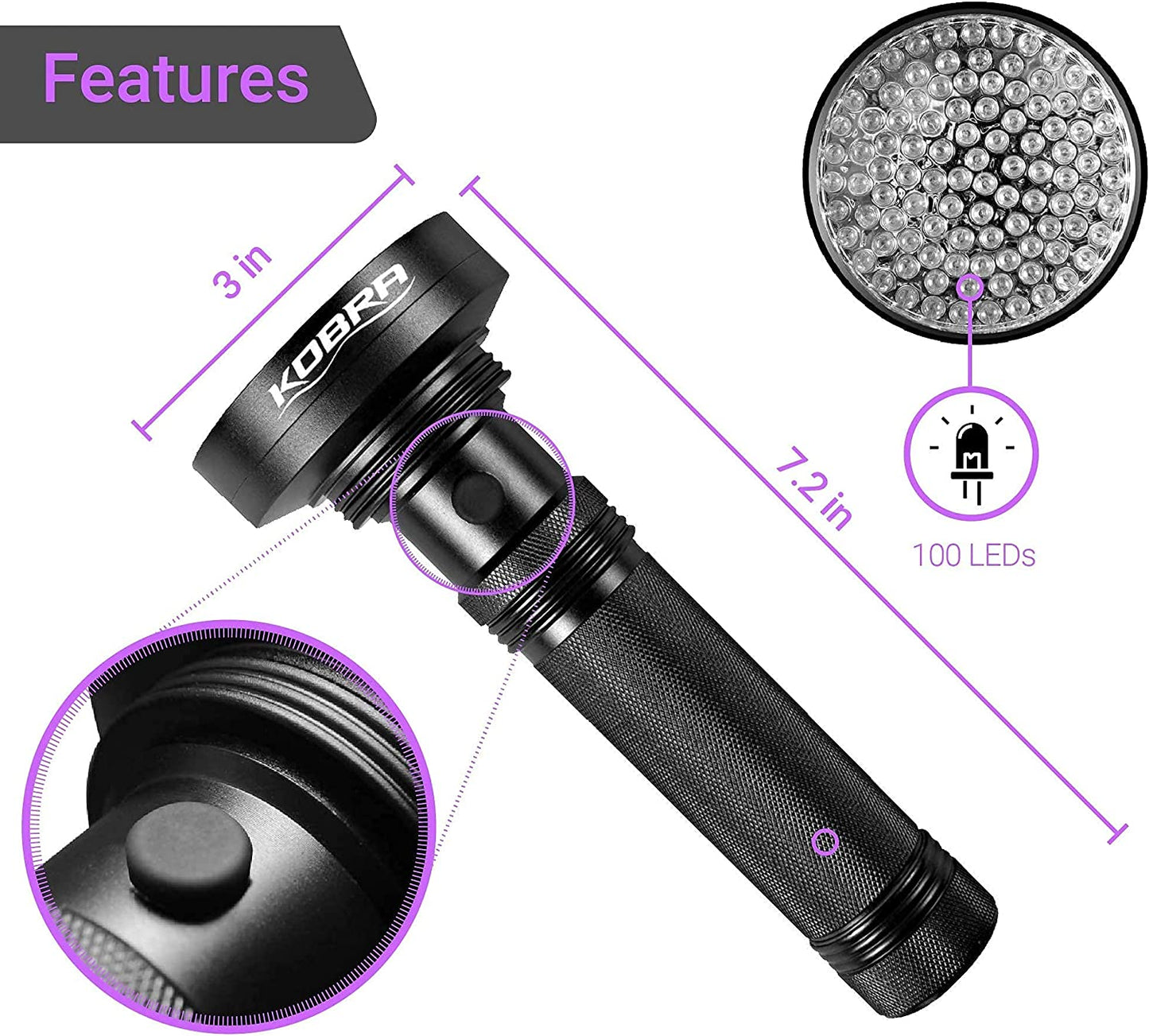 Kobra Black Light Flashlight - 100 LED UV Flashlight Black Light for Pet Urine Detection - Lamp and Blacklight for Home & Hotel Inspection - UV Light Flashlight Intensity 18W 385-395nm LEDs Scorpions