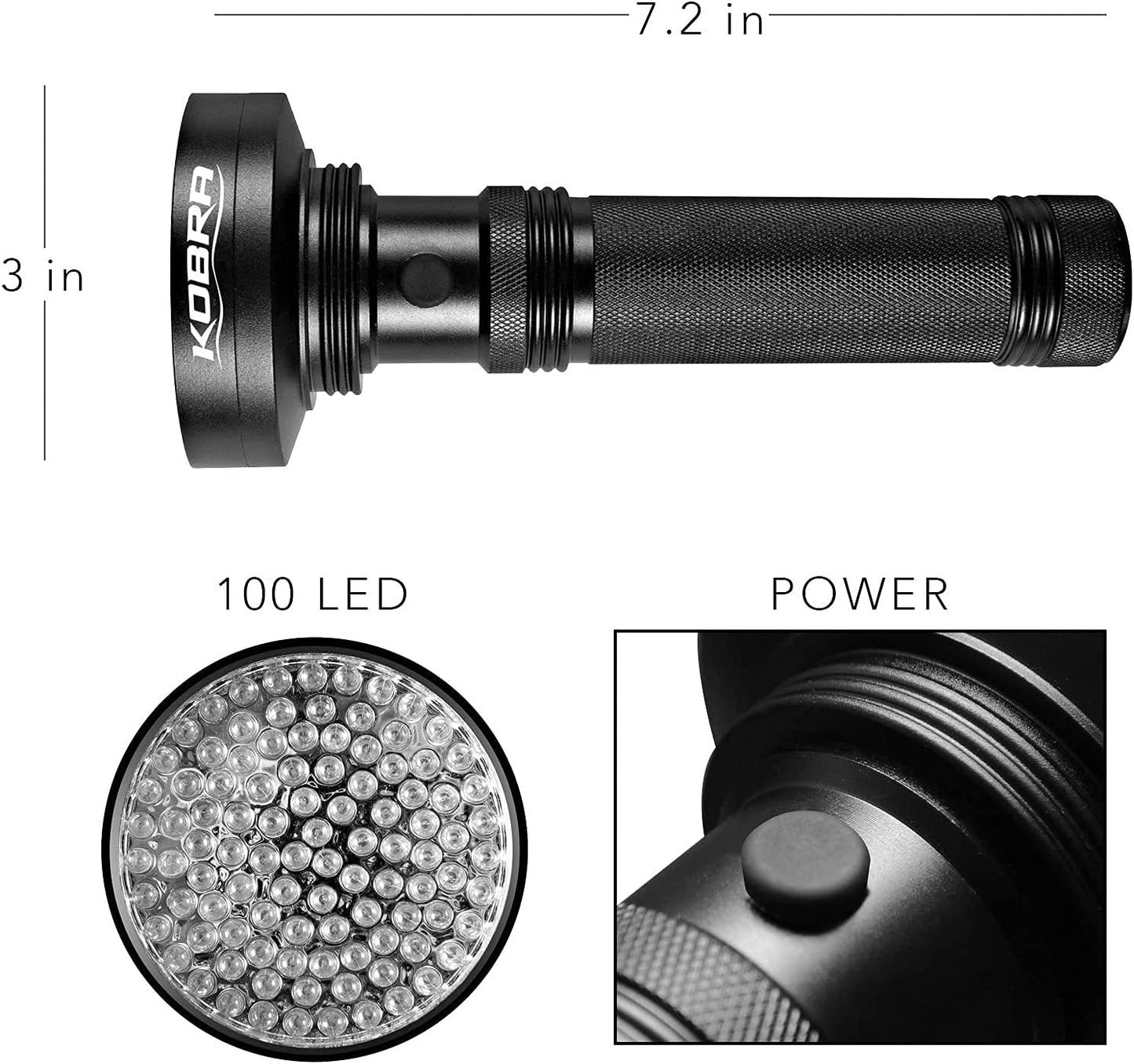 Kobra Black Light Flashlight - 100 LED UV Flashlight Black Light for Pet Urine Detection - Lamp and Blacklight for Home & Hotel Inspection - UV Light Flashlight Intensity 18W 385-395nm LEDs Scorpions