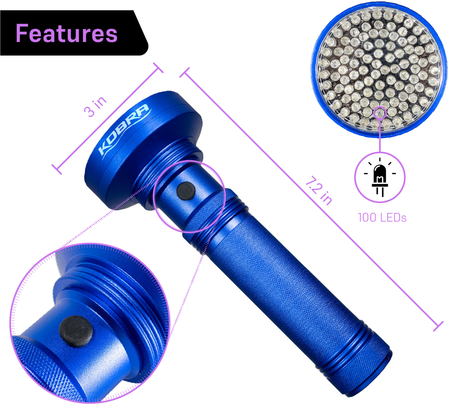 100 LED UV Ultra-Bright Blacklight Flashlight 18W 385-395nm - Blue