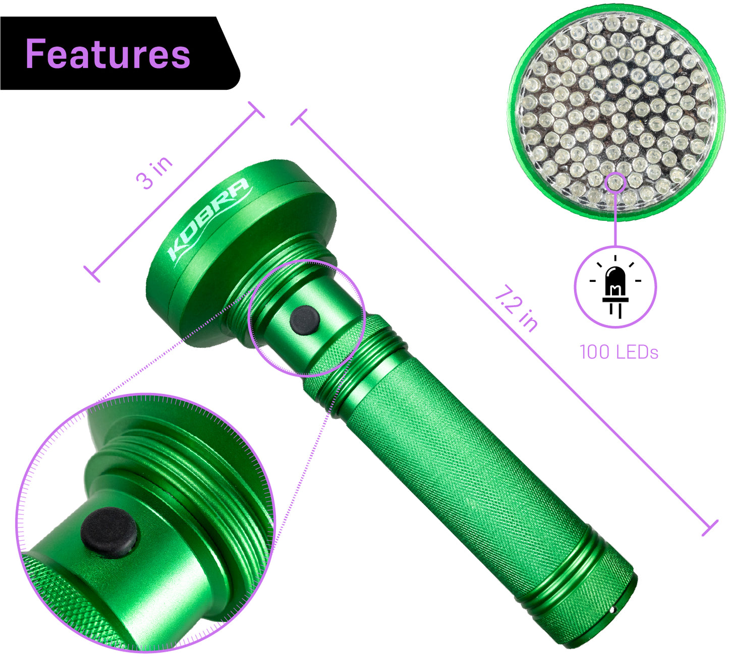 100 LED UV Ultra-Bright Blacklight Flashlight 18W 385-395nm - Green