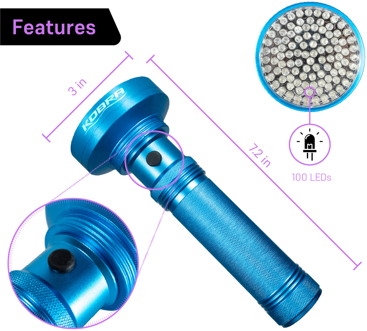 100 LED UV Ultra-Bright Blacklight Flashlight 18W 385-395nm - Light Blue