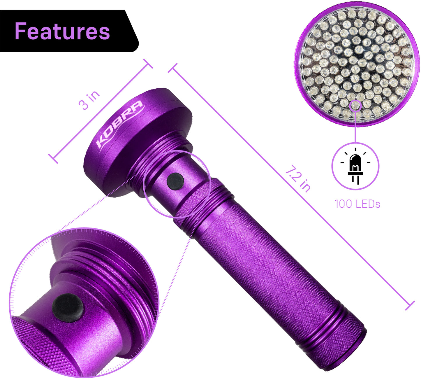 100 LED UV Ultra-Bright Blacklight Flashlight 18W 385-395nm - Purple