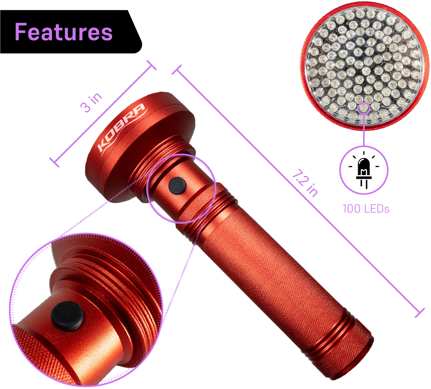 100 LED UV Ultra-Bright Blacklight Flashlight 18W 385-395nm - Red