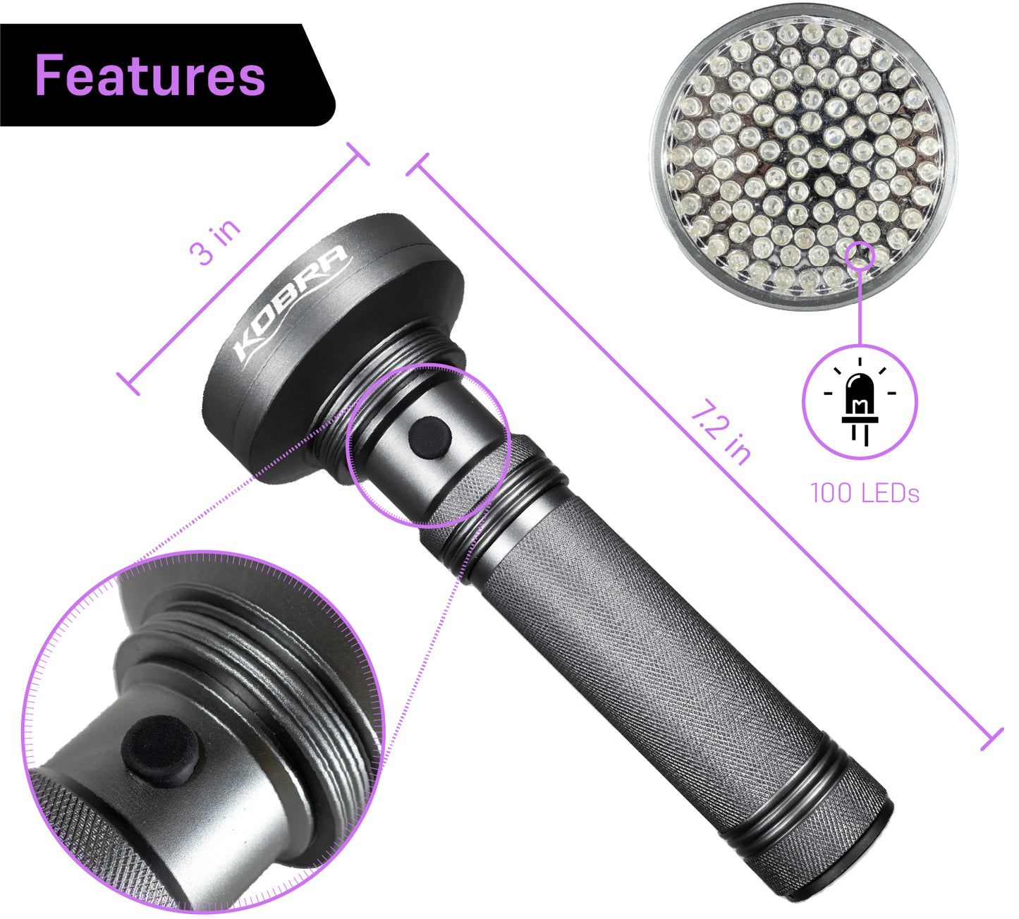 100 LED UV Ultra-Bright Blacklight Flashlight 18W 385-395nm - Silver